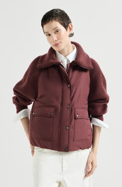 Techno cotton taffeta and virgin wool, cashmere and silk knit down jacket with shiny zipper pull