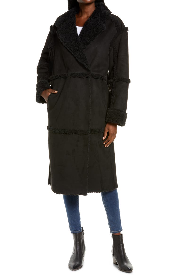 Takara Long Faux Shearling Coat, Alternate, color, BLACK