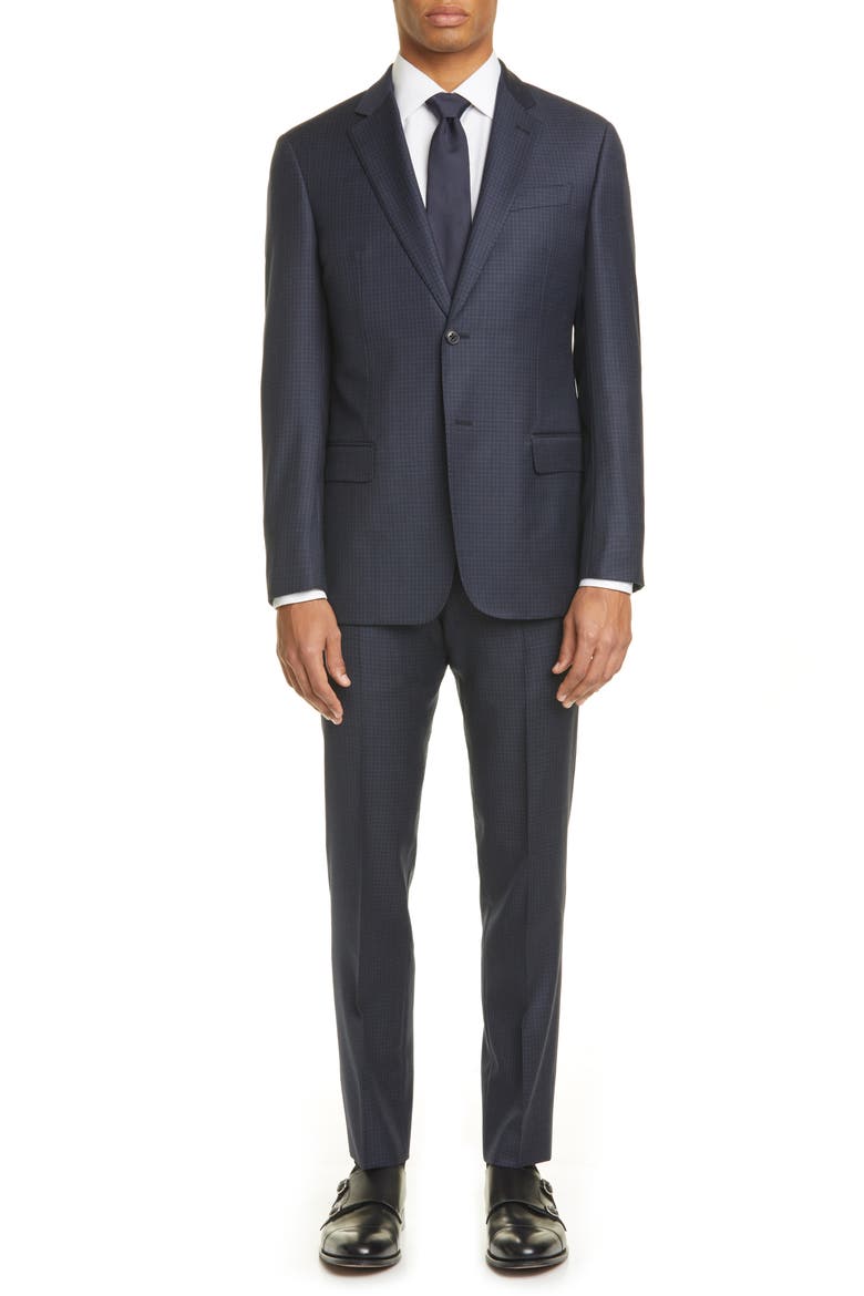 G Line Trim Fit Check Wool Suit, Main, color, NAVY
