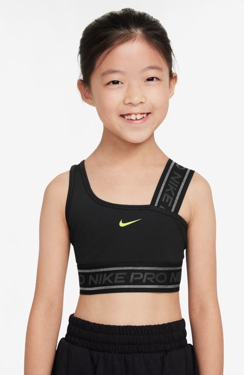 Nike Kids' Pro Swoosh Dri-FIT Asymmetric Sports Bra in Black/Lemon Twist at Nordstrom, Size Xl
