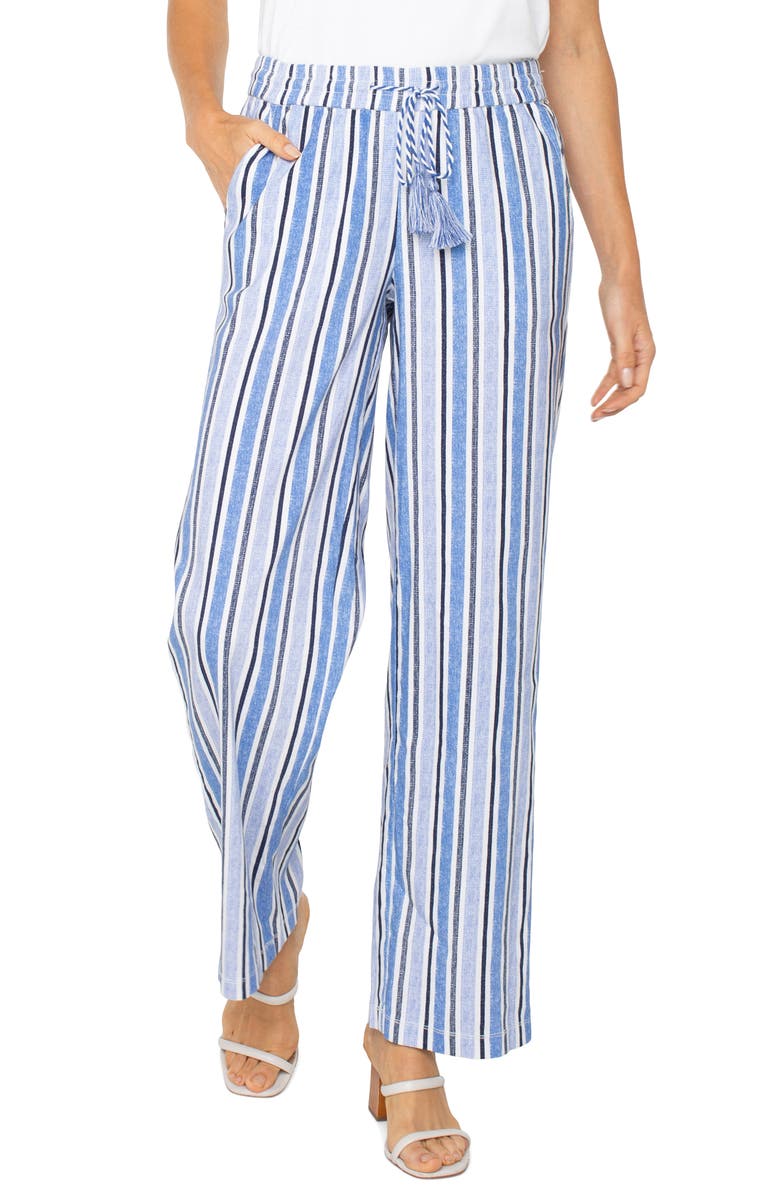 Liverpool Los Angeles Stripe Linen Blend Drawstring Wide Leg Pants, Alternate, color, White Blue Multi Stripe