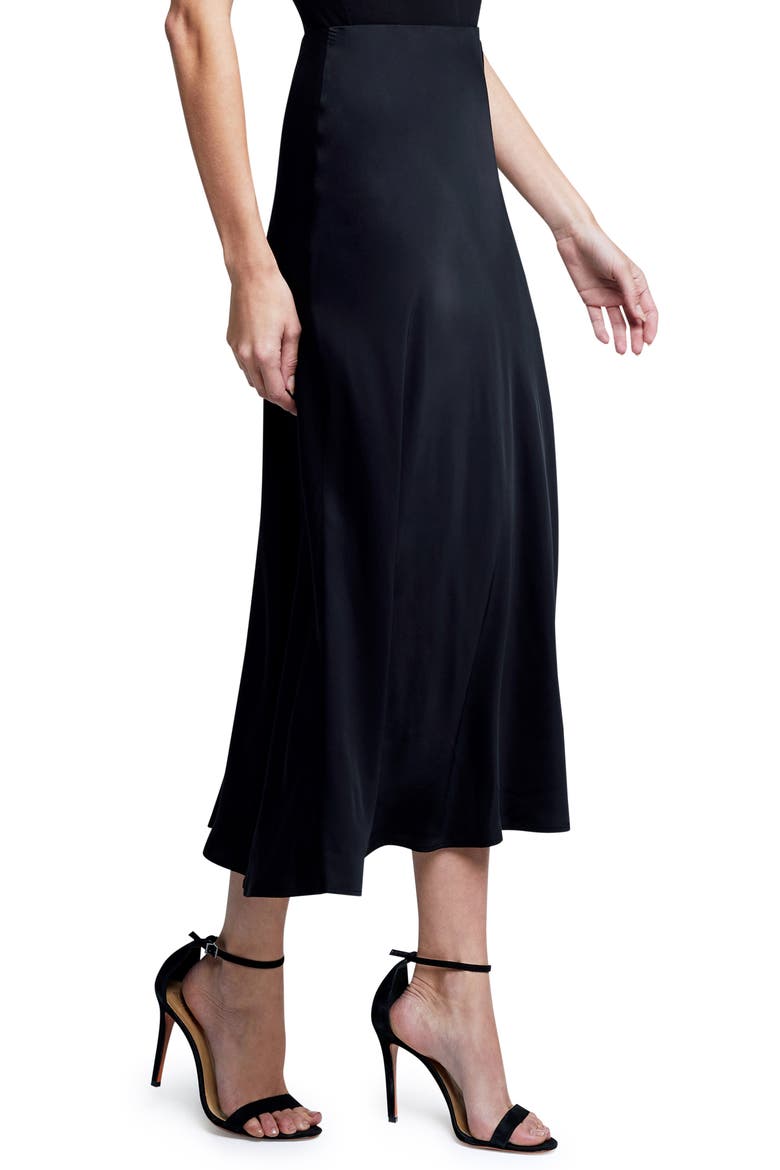 Clarisa Bias Cut Satin Skirt, Alternate, color, BLACK