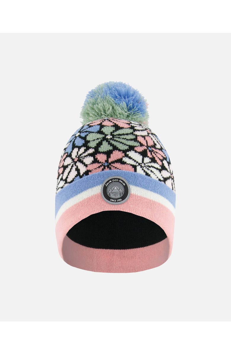 Deux par Deux Girl's Knit Hat Blue, Pink And White Retro Flowers, Main, color, Flowers Jacquard