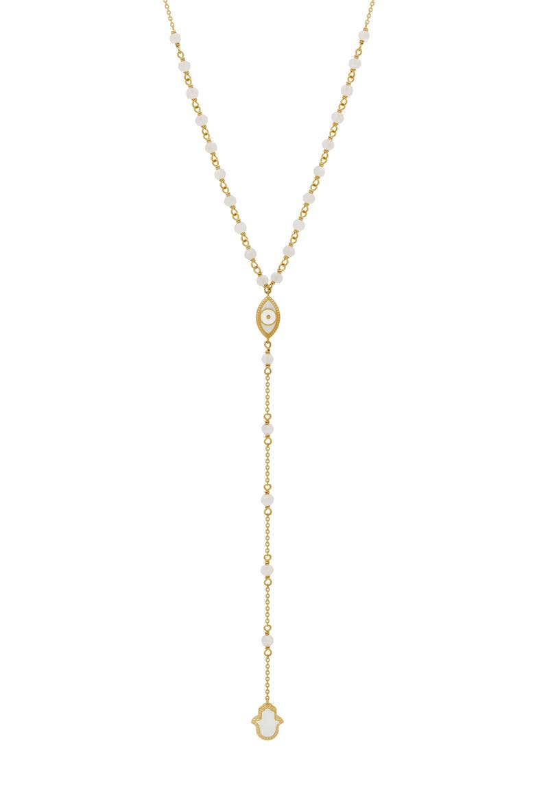 Fresh Ambition Moonstone Evil Eye & Hamsa Gold Necklace, Main, color, Gold/White