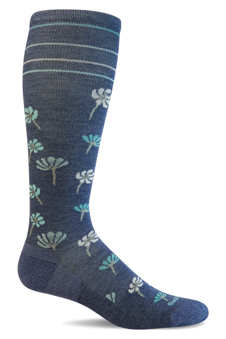 Field Flower Compression Socks, Main, color, DENIM