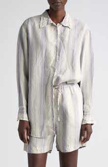 Portico Stripe Rumpled Satin Button-Up Shirt