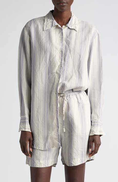 Portico Stripe Rumpled Satin Button-Up Shirt