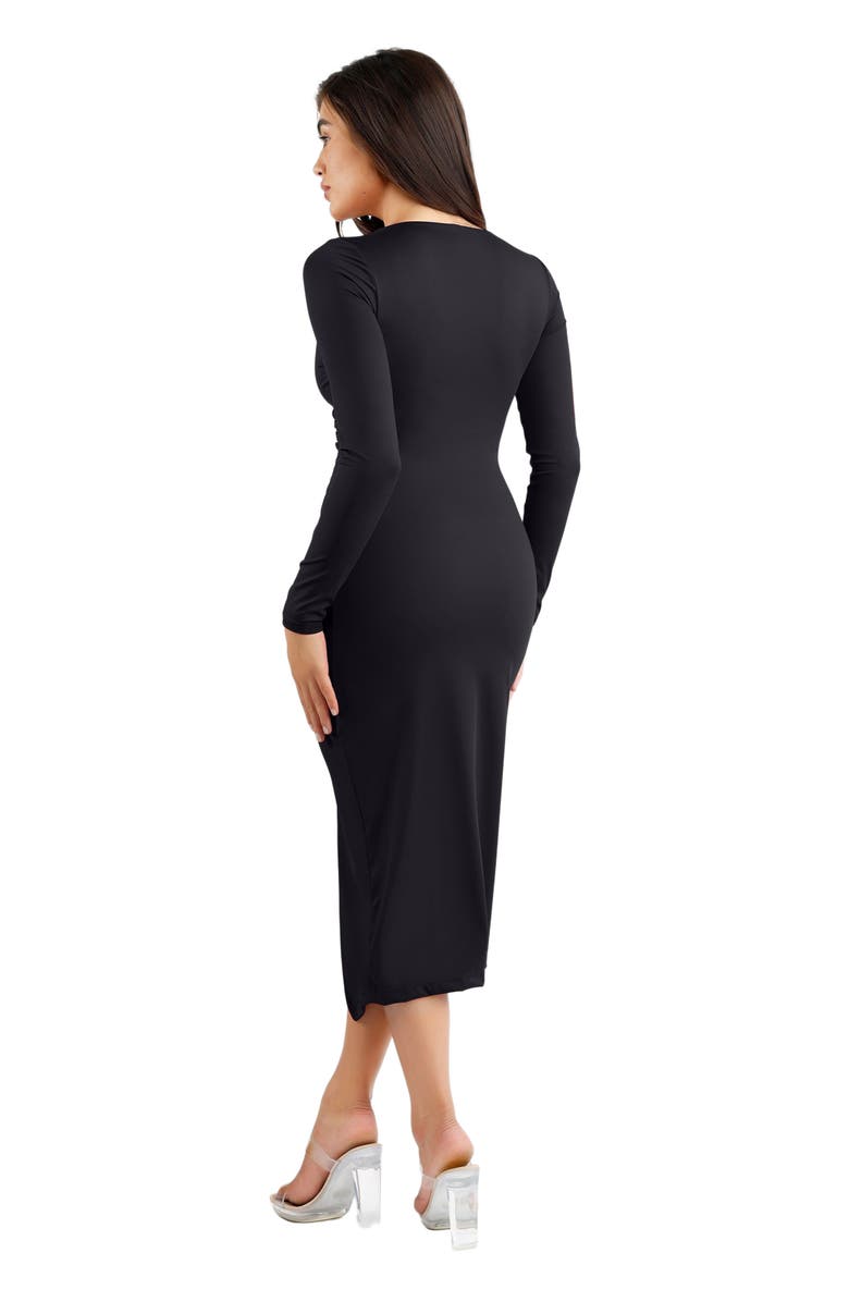 Popilush Shapewear Ruched Long Sleeve Faux Wrap Slimming Midi Dress, Alternate, color, Midnight Black