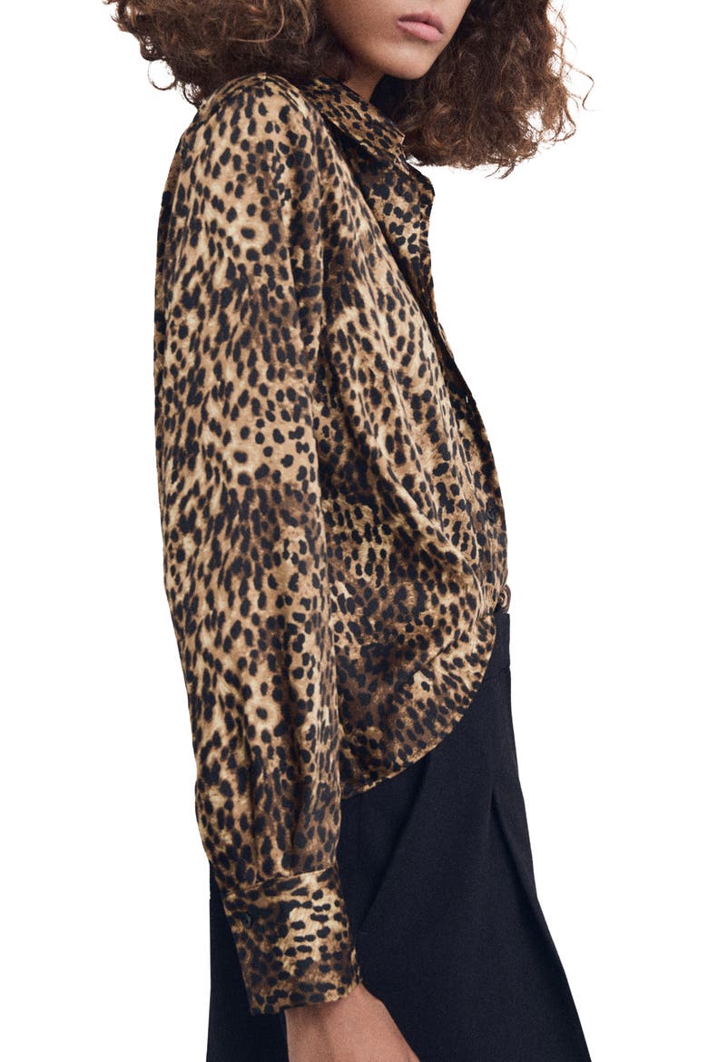 Leopard Print Satin Button-Up Shirt, Alternate, color, BROWN