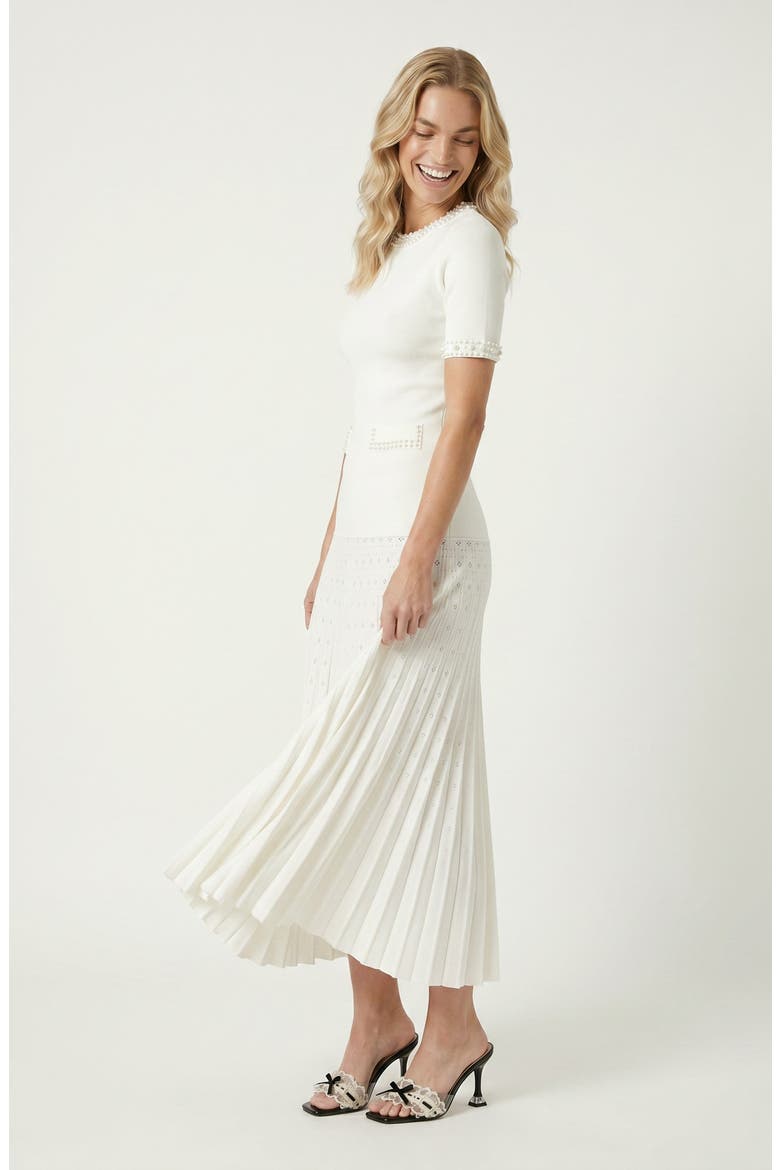 Pearl Embellished Fitted Waist Pleated Midi Knit Dress, Alternate, color, White