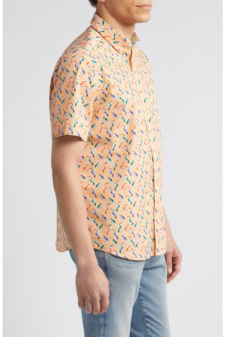 Toucan Print Short Sleeve Cotton Button-Down Shirt, Alternate, color, MELON