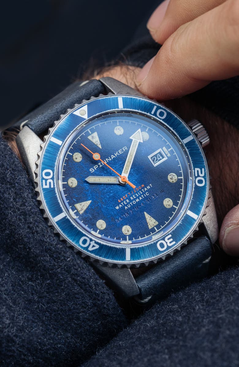 SPINNAKER Wreck Automatic Leather Strap Watch, 44mm, Alternate, color, Blue