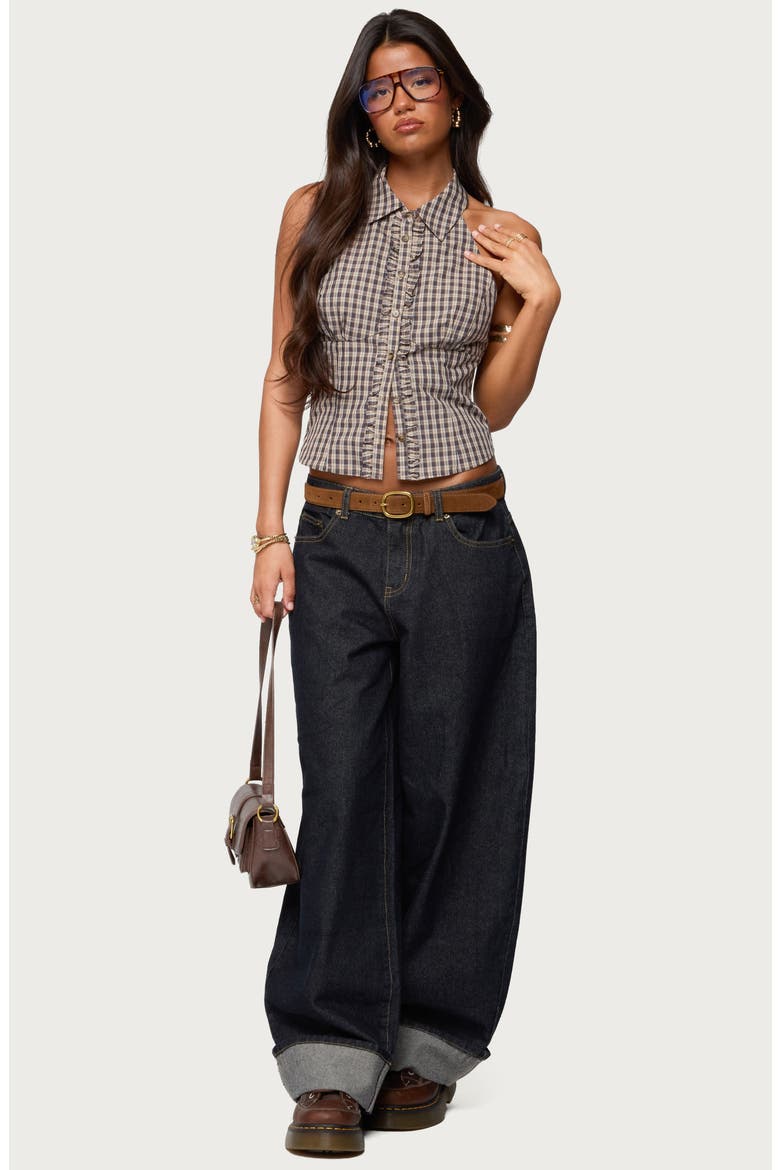 Imrie Ruffle Plaid Halter Top, Alternate, color, BROWN