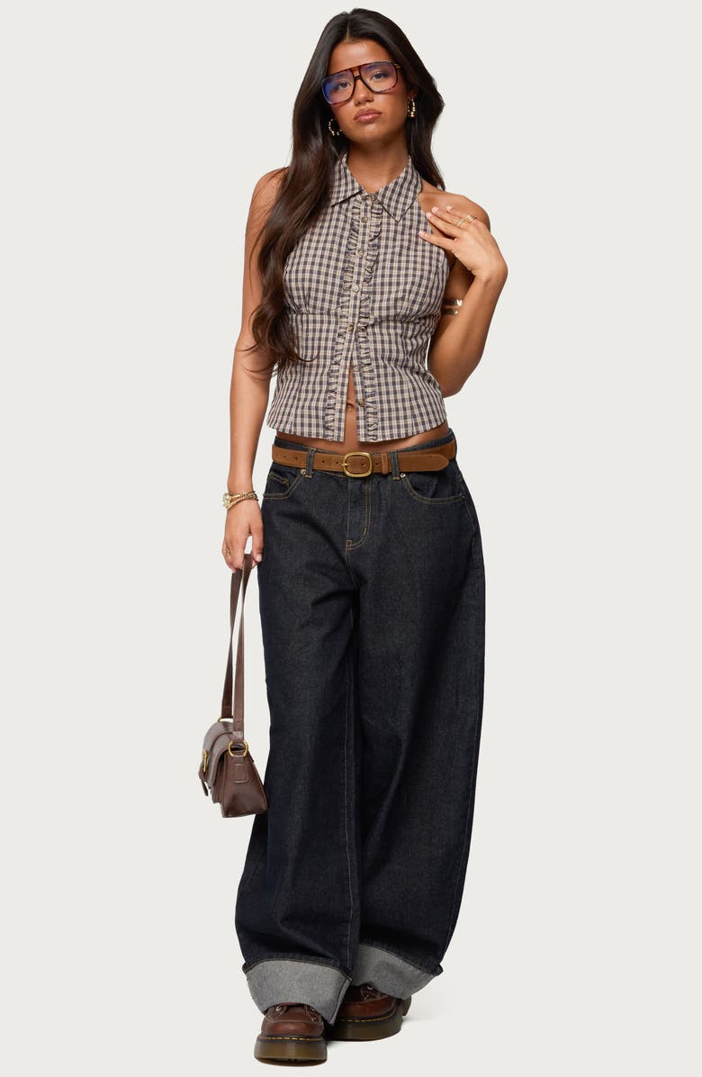 EDIKTED Imrie Ruffle Pllaid Halter Top, Alternate, color, Brown