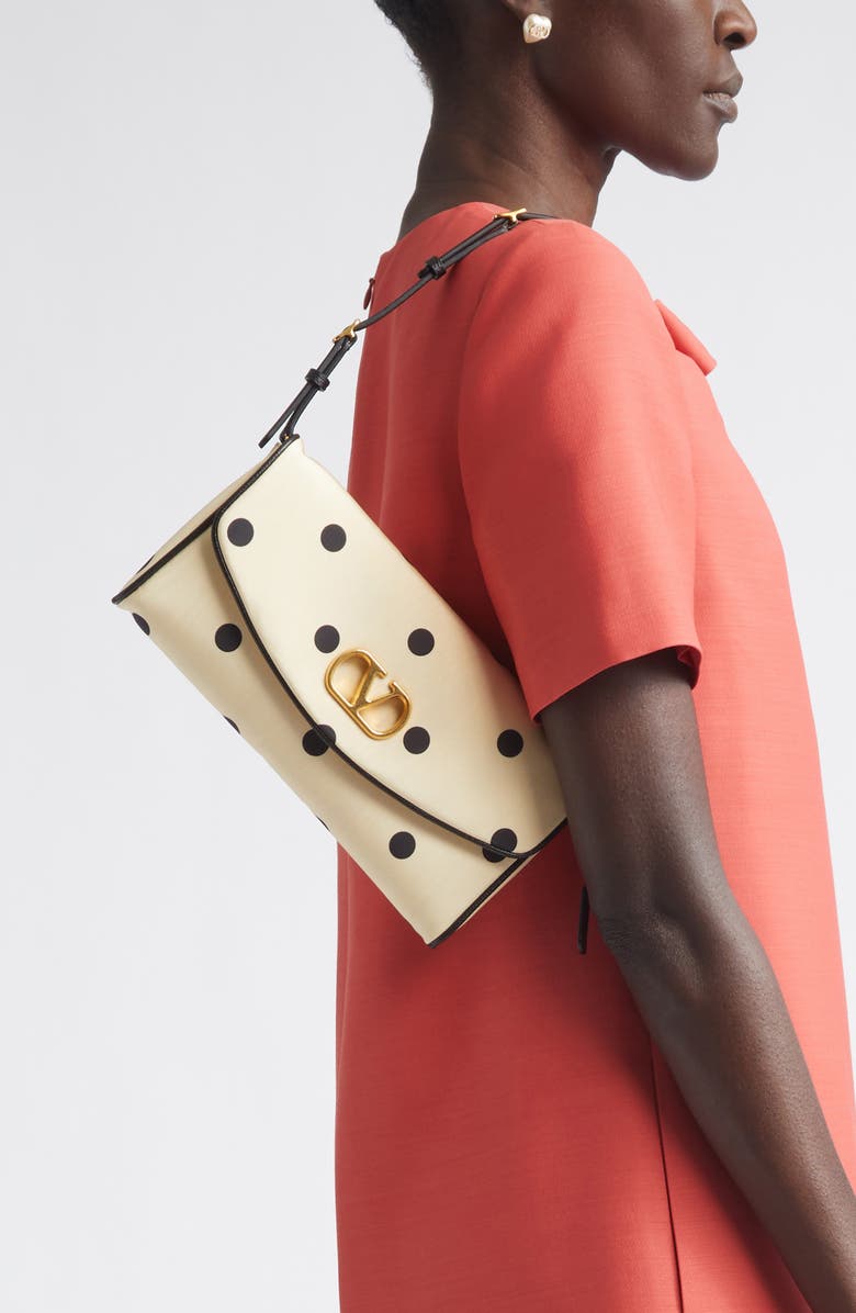 Valentino Garavani DeVain Polka Dot Silk Clutch, Alternate, color, Butter