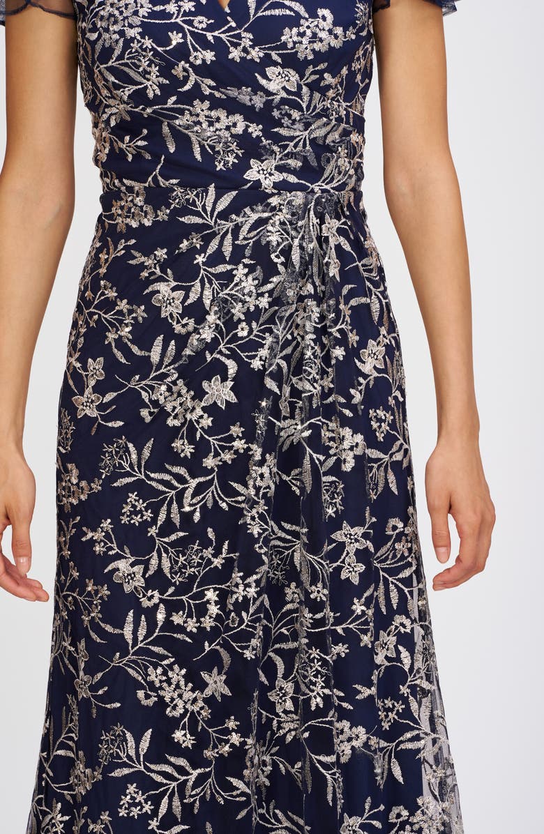 JS Collections Skylar Floral Embroidered Gown, Alternate, color, Navy/ Wheat