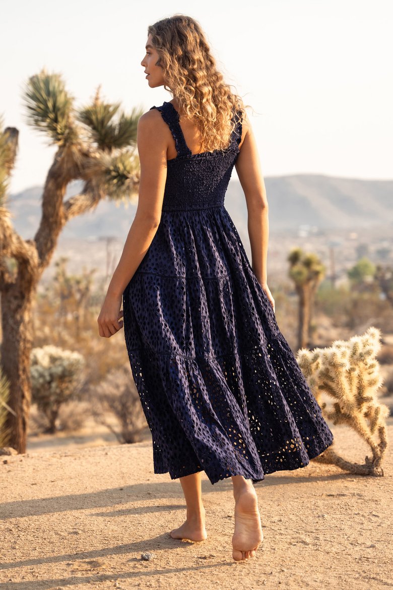Kristen Sleeveless Smocked Eyelet Midi Dress, Alternate, color, Navy Seaside Eyelet