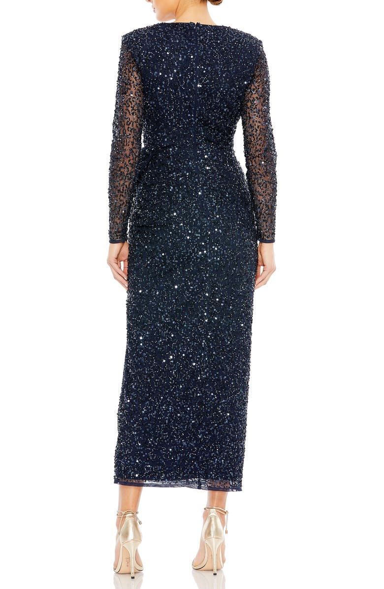 Mac Duggal Long Sleeve V-Neck Sequin Dress, Alternate, color, Midnight