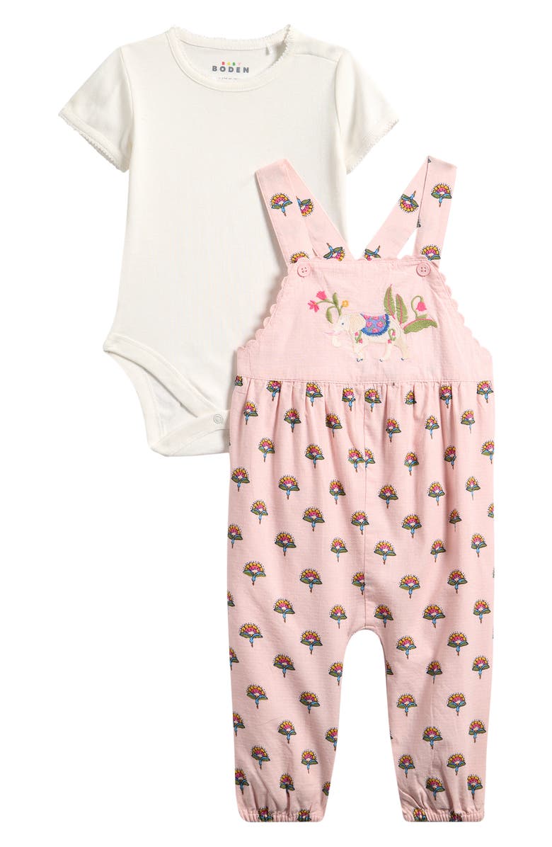 Mini Boden Bodysuit & Embroidered Overalls Set, Main, color, Pink Elephant