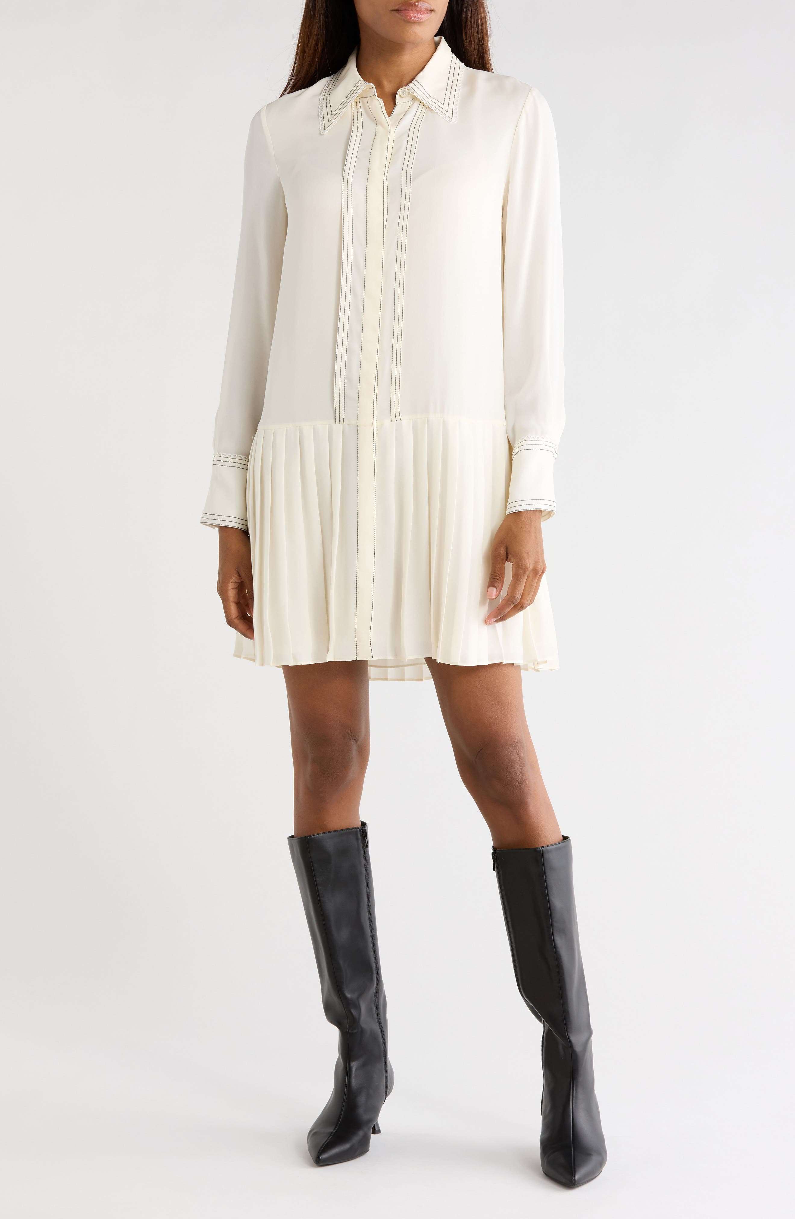 Pleated Silk Long Sleeve Dress