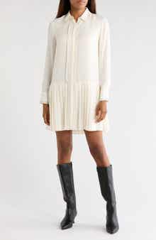 Pleated Silk Long Sleeve Dress