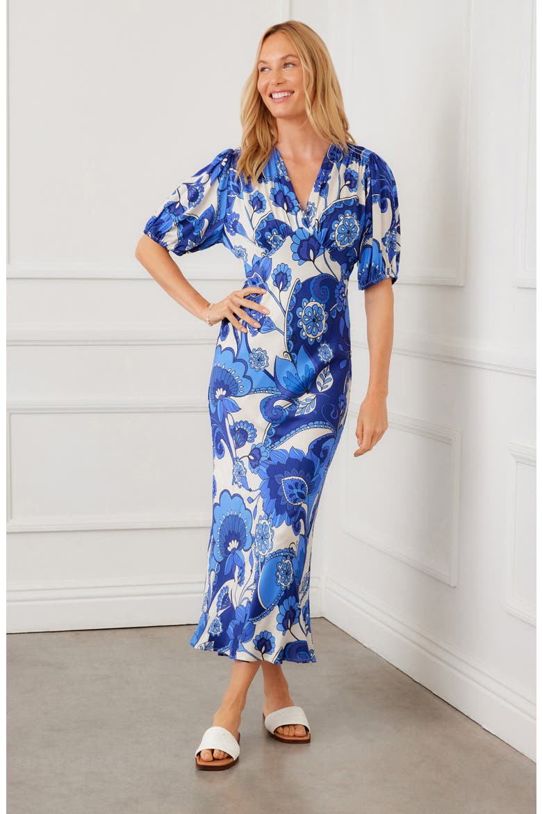 Floral Puff Sleeve Bias Maxi Dress, Alternate, color, BLUE PRINT