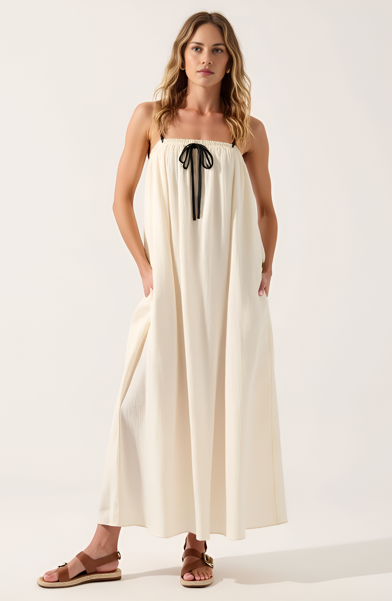 Modenaire Strapless Tie-Front Maxi Dress with Gathered Bodice, Alternate, color, Ivory / Black