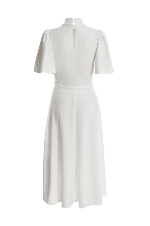 Quiz Scuba Crepe Flower Detail Dip Hem Dress In White