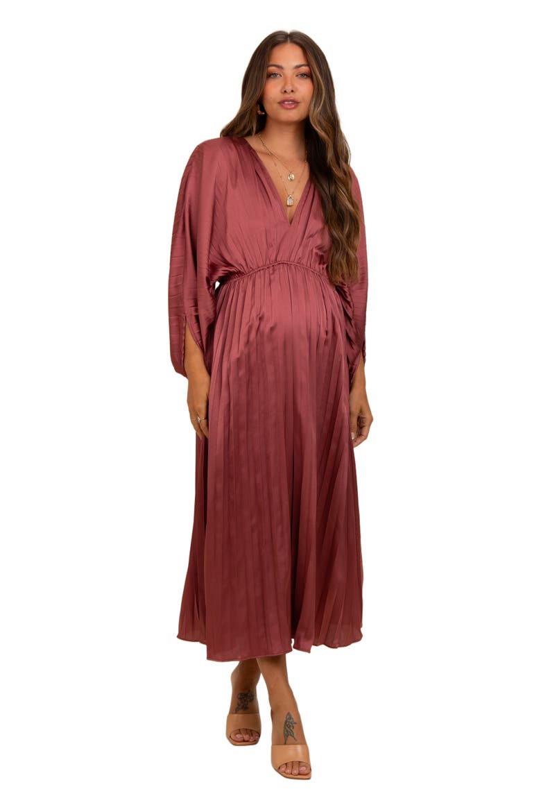Satin Pleated V-Neck Maxi Dress, Alternate, color, Mauve