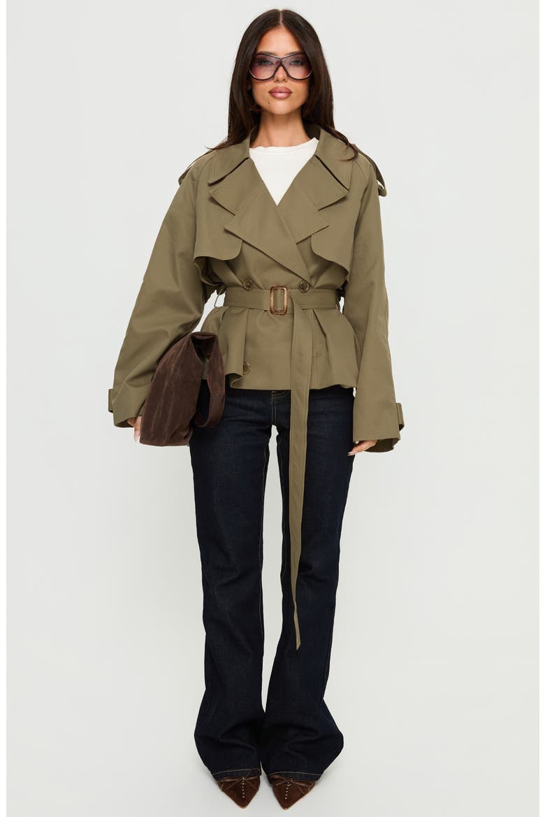 Eldora Double Breasted Belted Crop Trench Coat, Alternate, color, GREEN