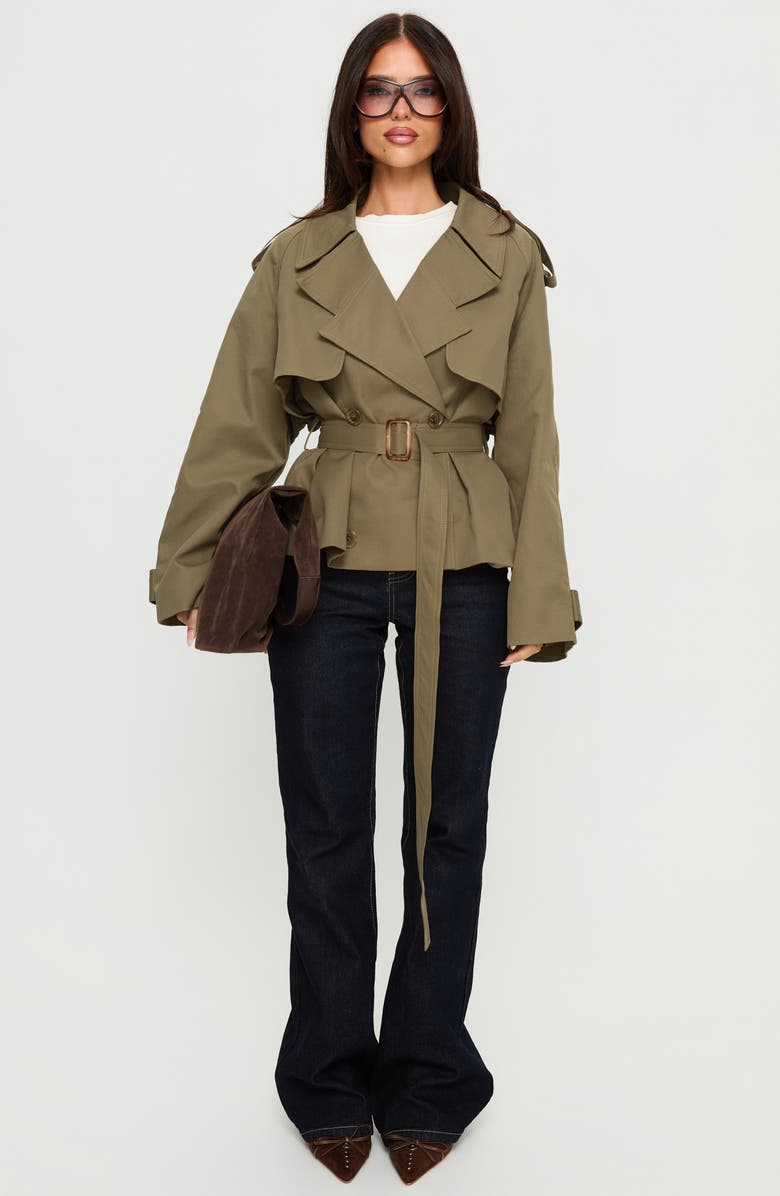 Princess Polly Eldora Double Breasted Belted Crop Trench Coat, Alternate, color, Green