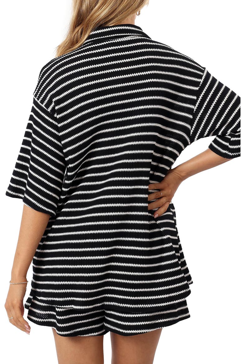 Linnea Stripe Cotton Knit Button-Up Shirt & Shorts Set, Alternate, color, BLACK WHITE