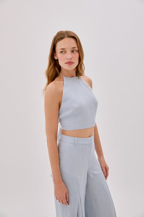 Labeca London Polly Dusty Linen Backless Crop Top In Blue