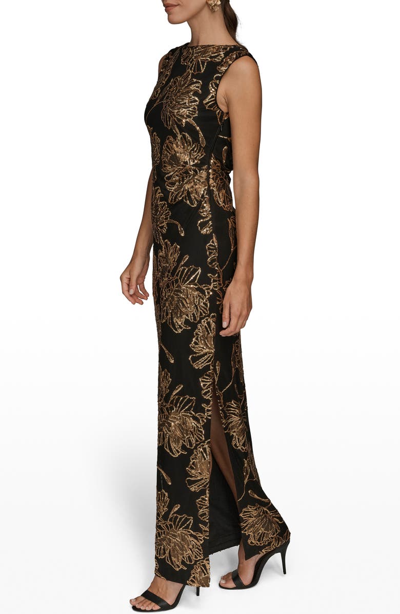 Donna Karan New York Sequin Floral Sleeveless Gown, Alternate, color, Black/ Gold