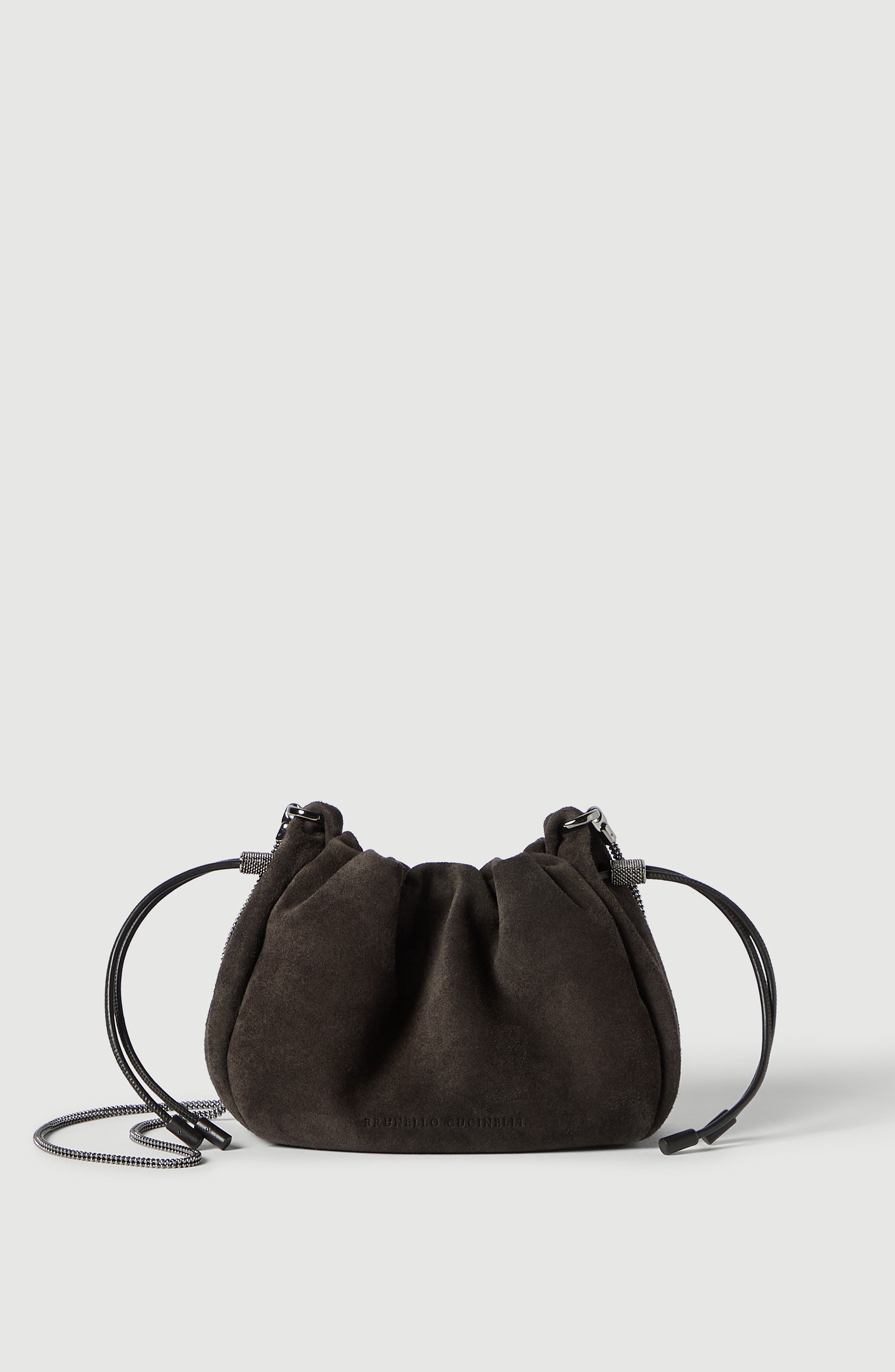 Mellow mini bucket bag in suede with precious chain, Main, color, Pepper