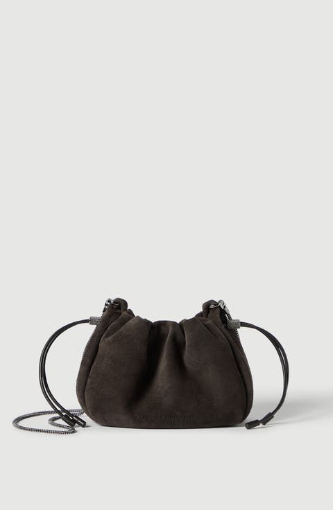 Mellow mini bucket bag in suede with precious chain