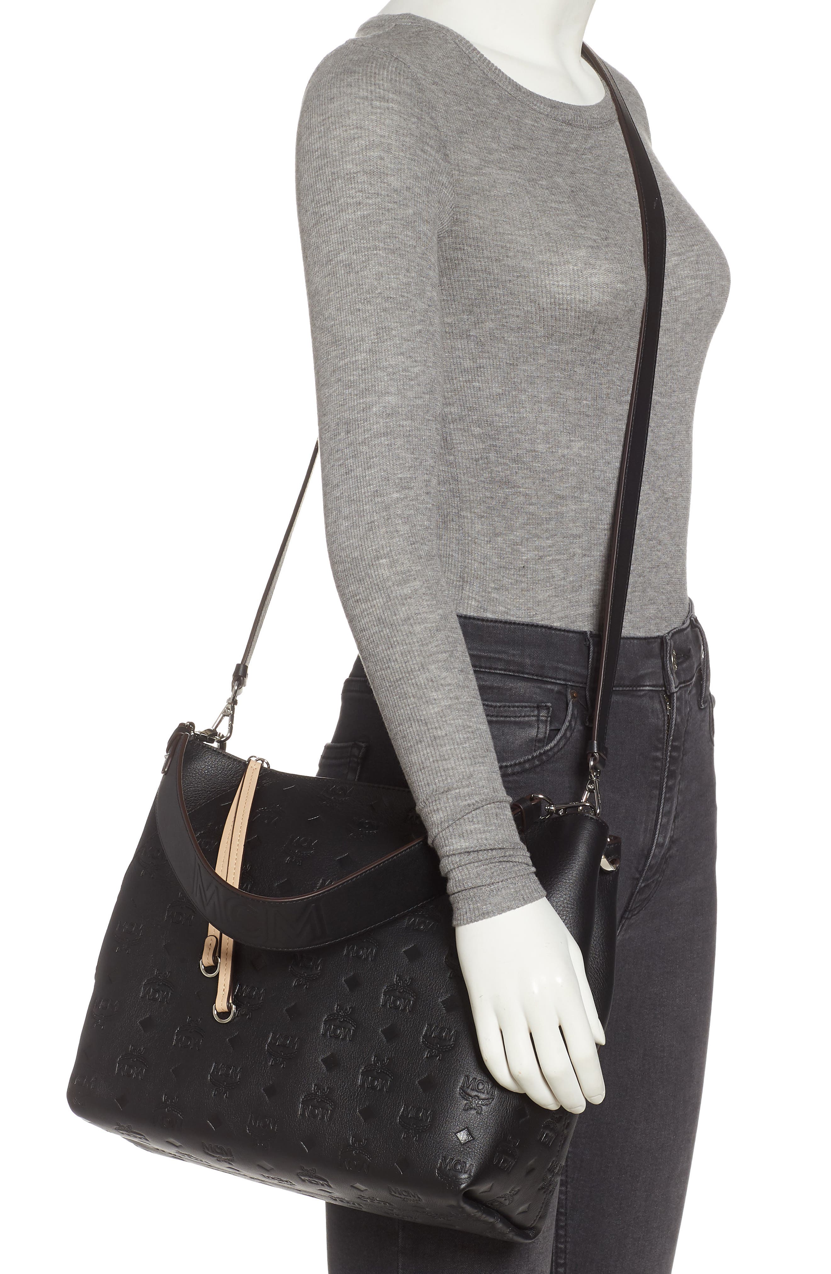 MCM Klara Monogram Leather Hobo, Alternate, color, 