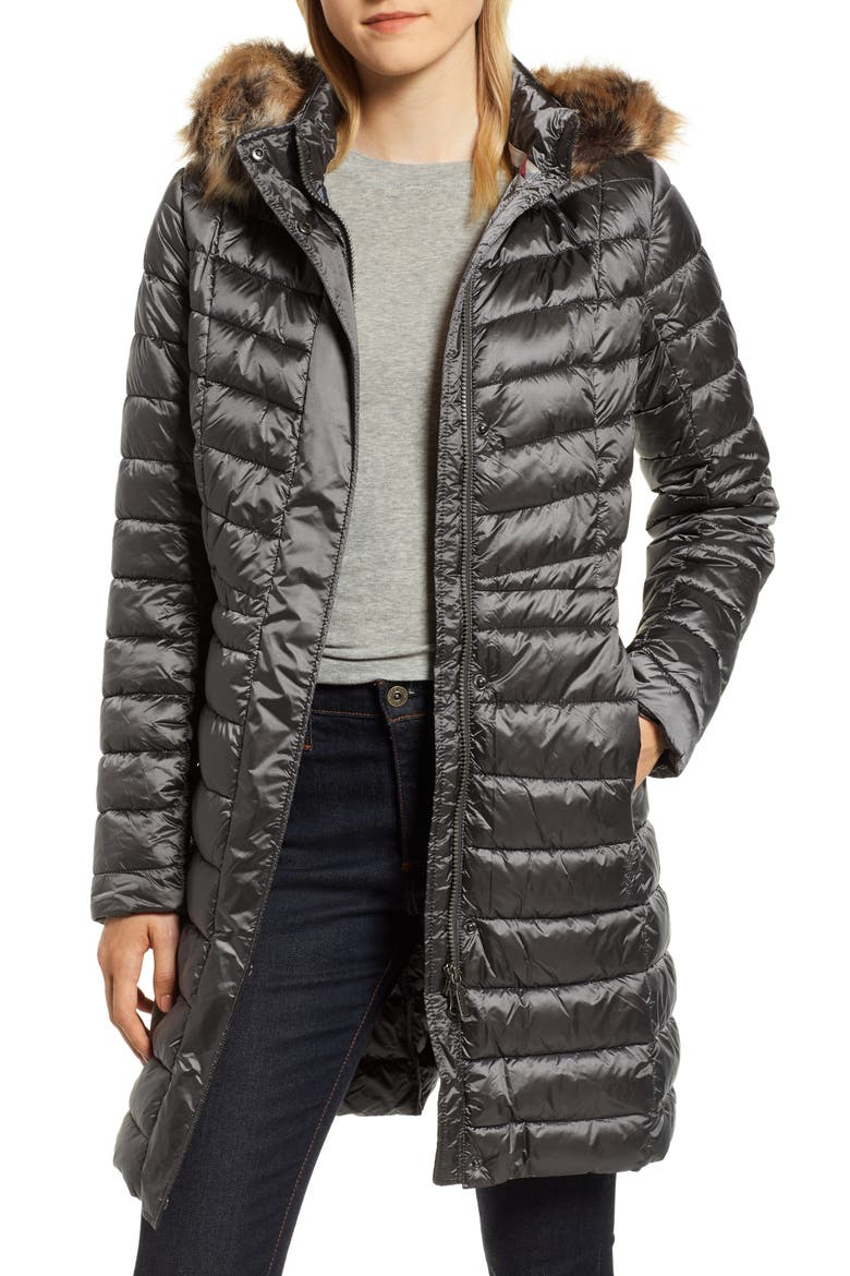 Berneray Faux Fur Trim Quilted Jacket, Main, color, ASH GREY