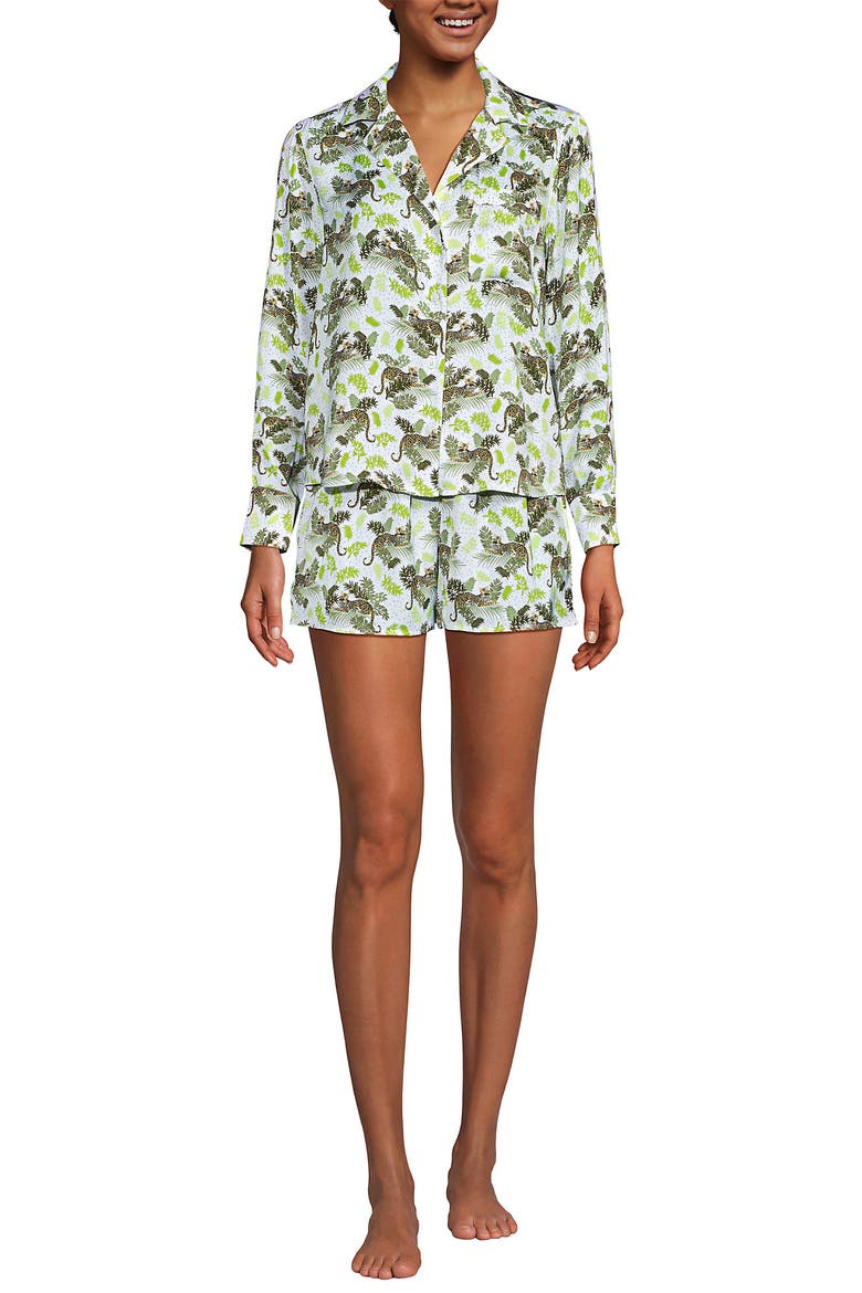 Plus Size Matte Satin 2 Piece Pajama Set - Long Sleeve Top and Shorts, Main, color, White Leopards