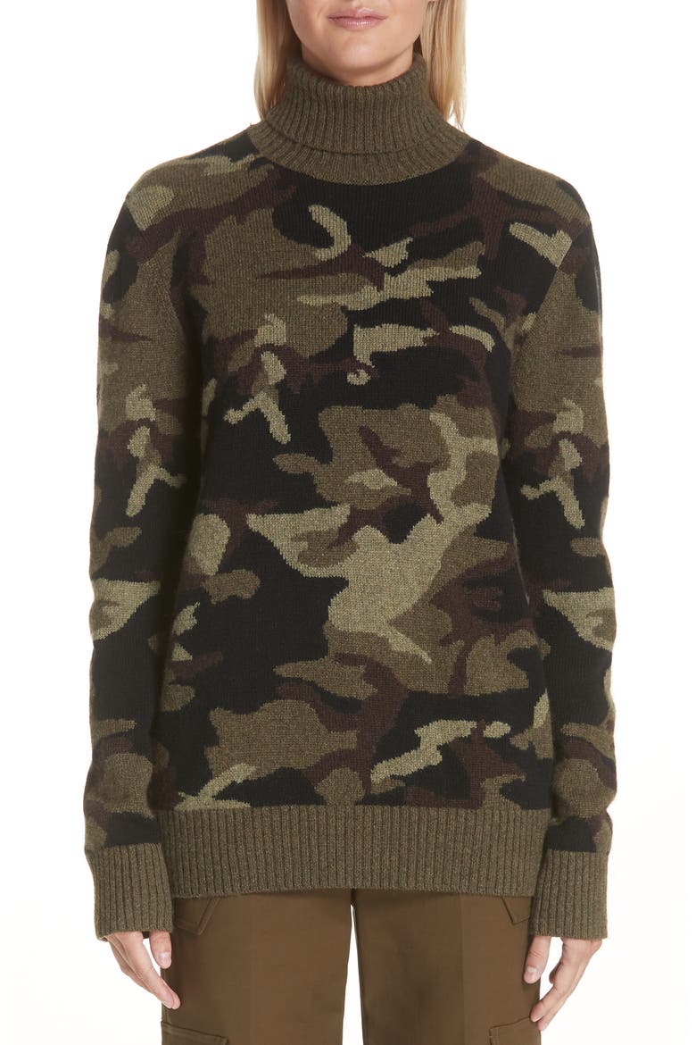 Camouflage Cashmere Turtleneck Sweater, Main, color, OLIVE