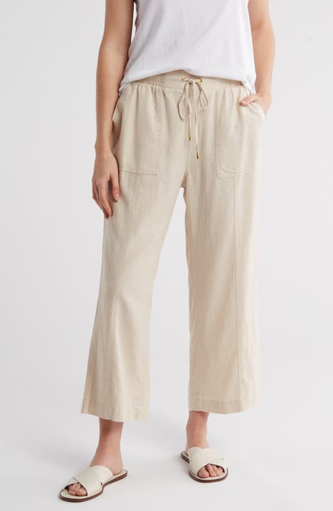 Wide Leg Linen Blend Drawstring Crop Pants