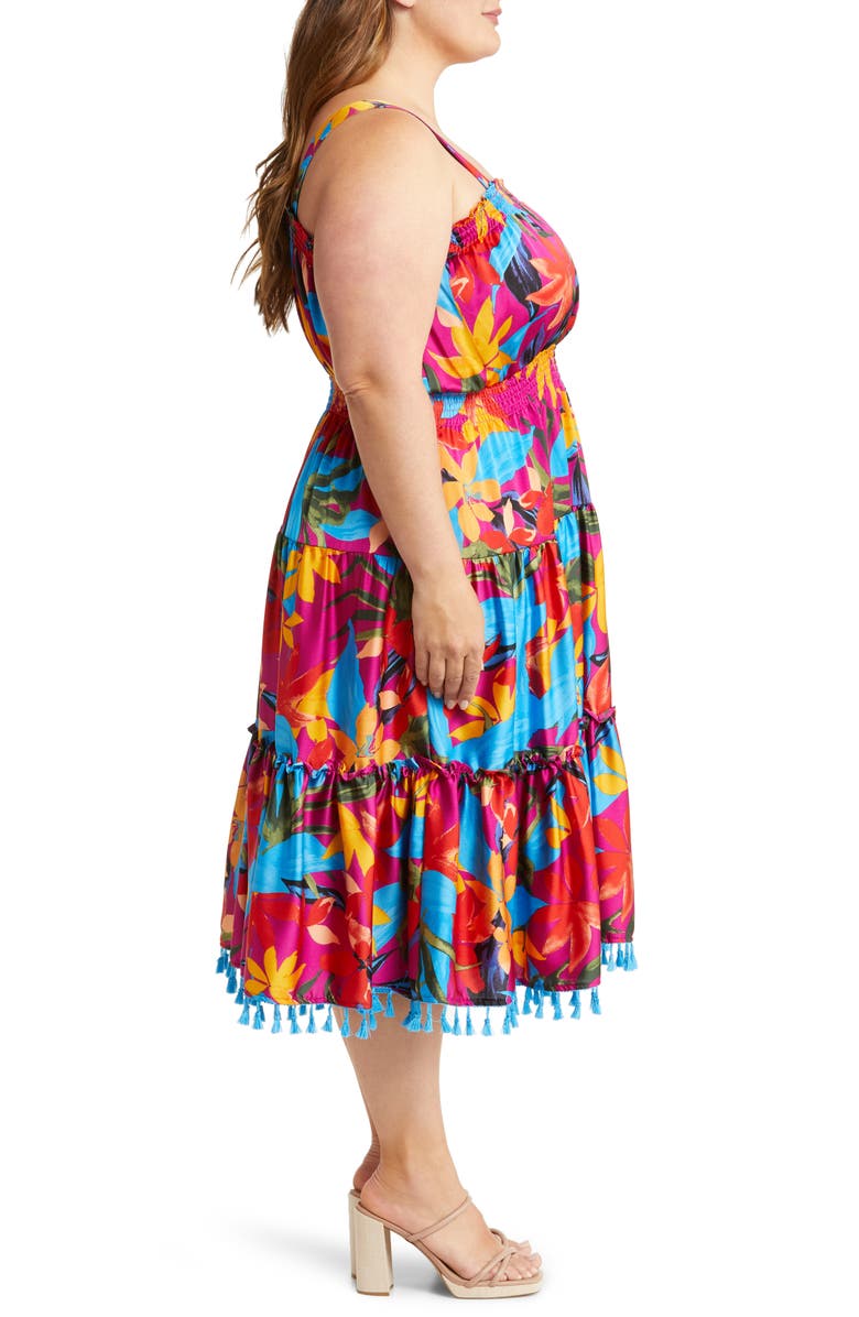 Tahari ASL Smocked Hammered Satin Midi Dress, Alternate, color, 