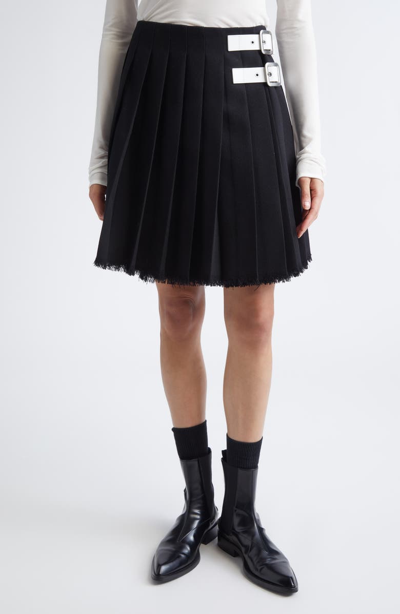 Jil Sander Belted Waist Raw Hem Pleated Wool Canvas Skirt, Main, color, Black