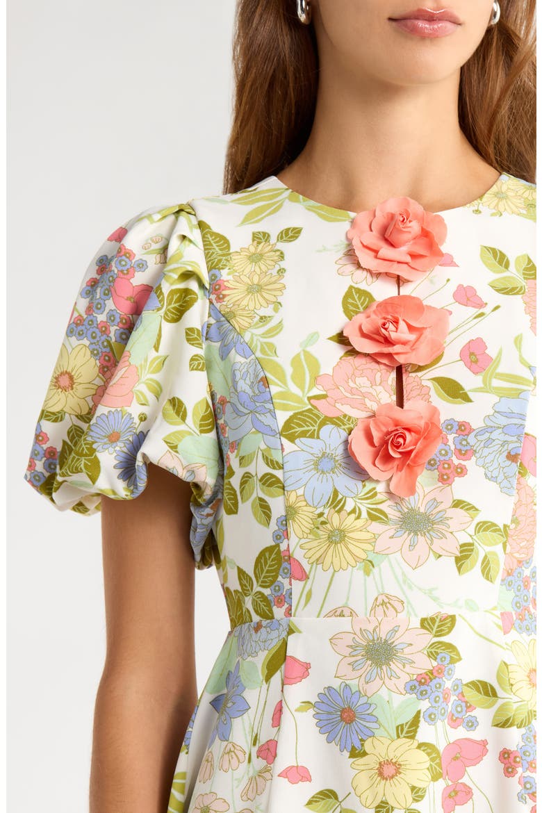 Rosette Puff Sleeve Dress, Alternate, color, CREAM-MULTI