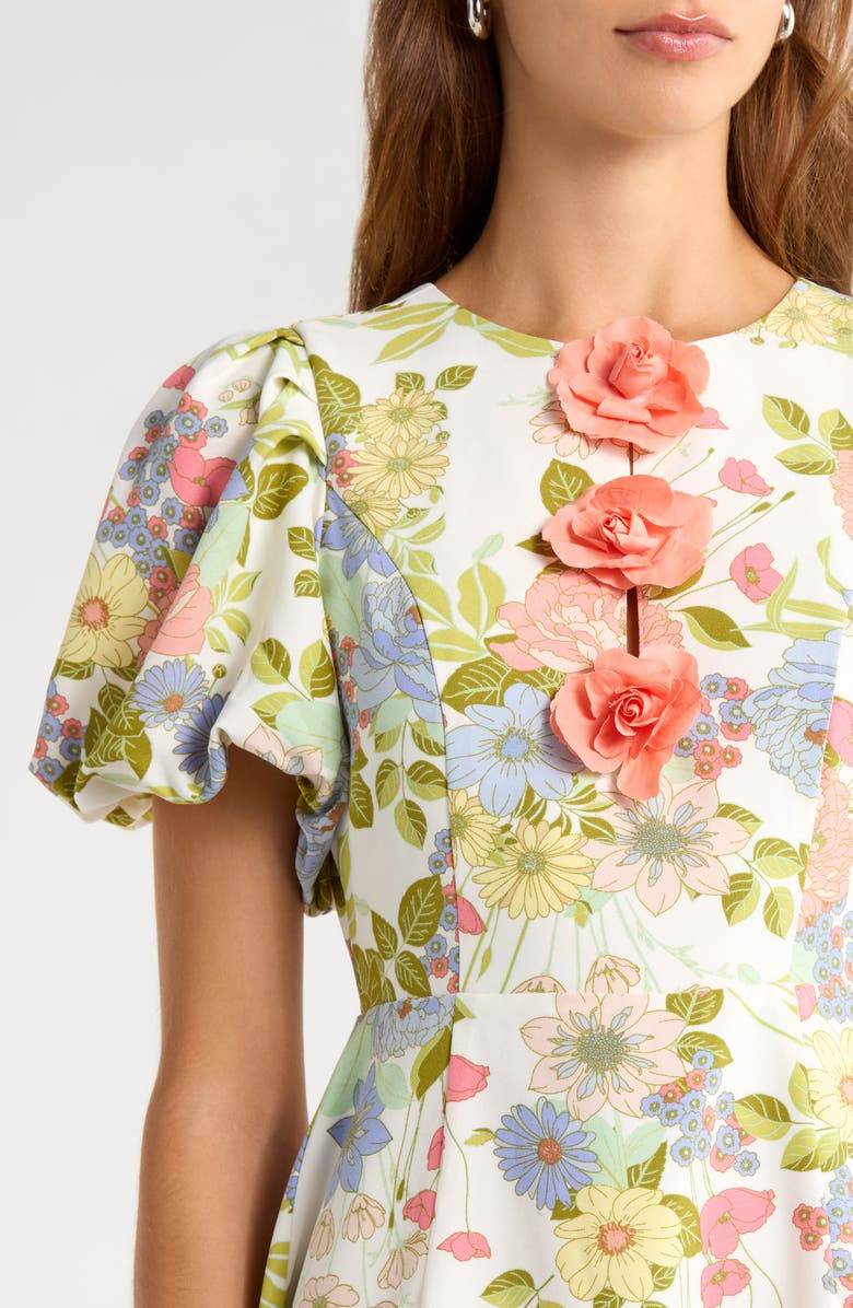 SUGARLIPS Rosette Puff Sleeve Dress, Alternate, color, Cream-Multi