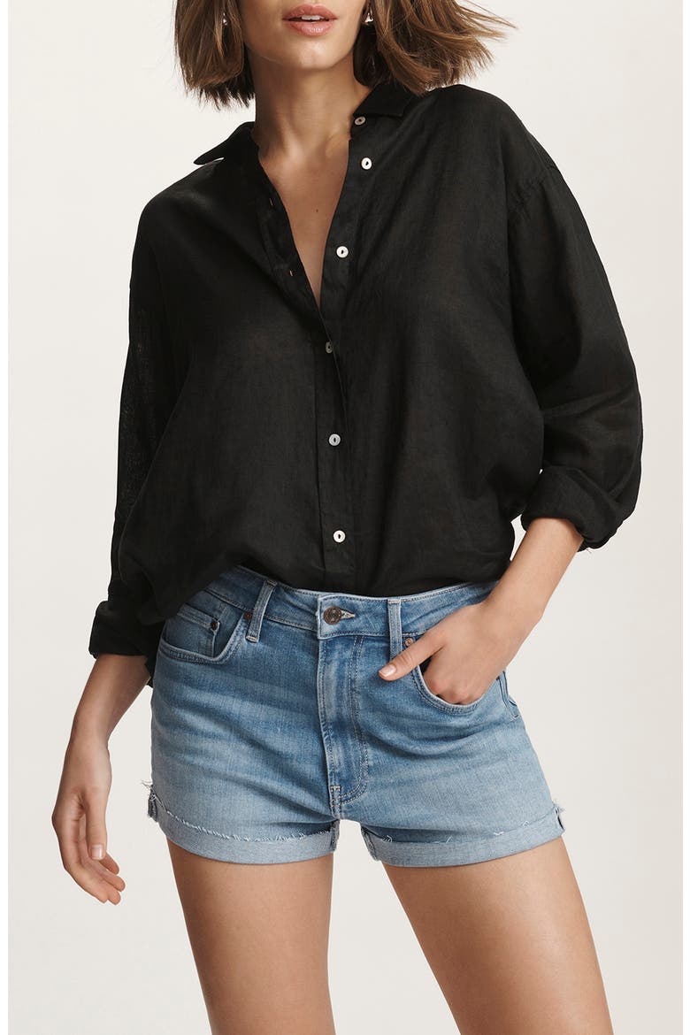Oversize Linen Button-Up Shirt, Main, color, BLACK
