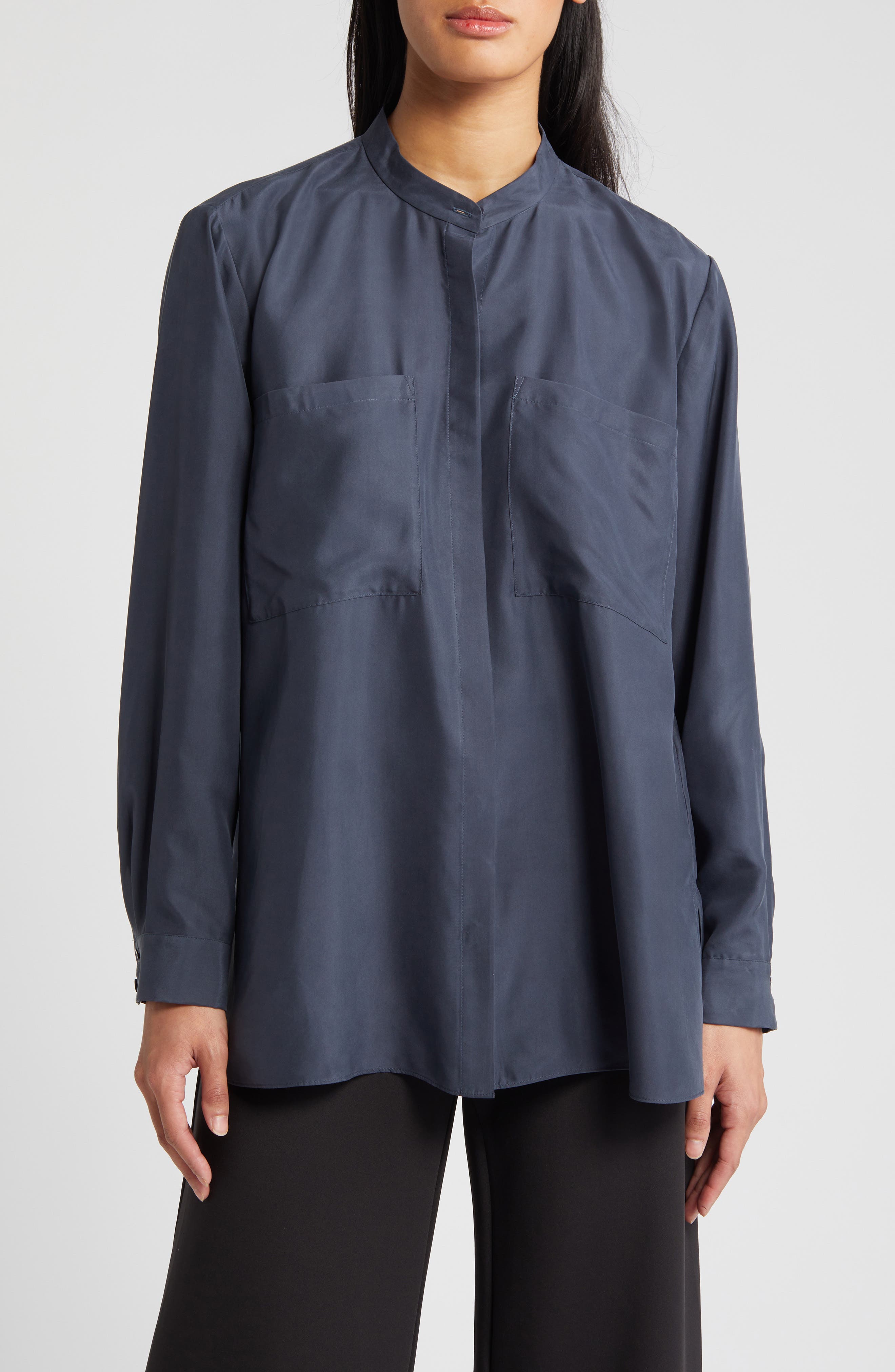 Eileen Fisher Washed Silk Band Collar Shirt
