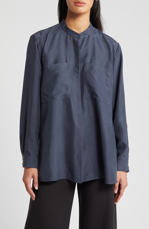 Washed Silk Band Collar Shirt