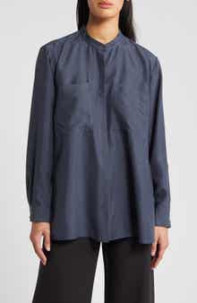 Eileen Fisher Washed Silk Band Collar Shirt