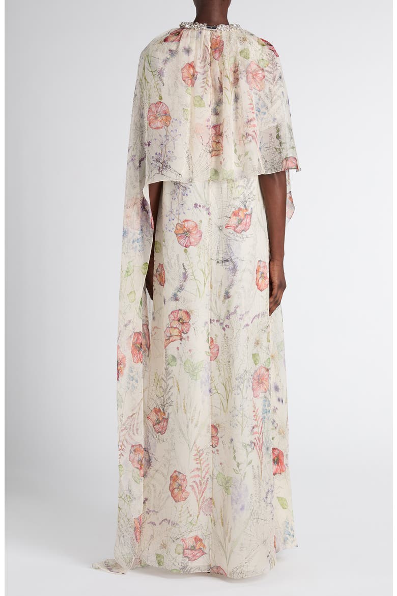 Floral Print Silk Cape Dress, Alternate, color, WHITE